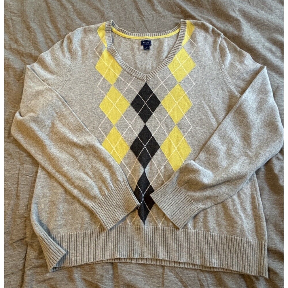 Izod Pullover Sweater Long Sleeve XL Yellow/Blue Gray Diamond